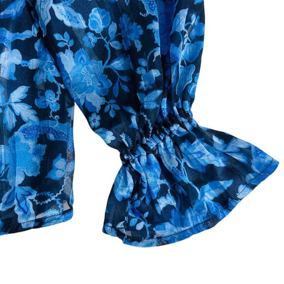 French Connection Women's Size 0 Cynthia High Neck Floral Ruffle Blue Blouse - Picture 7 of 8